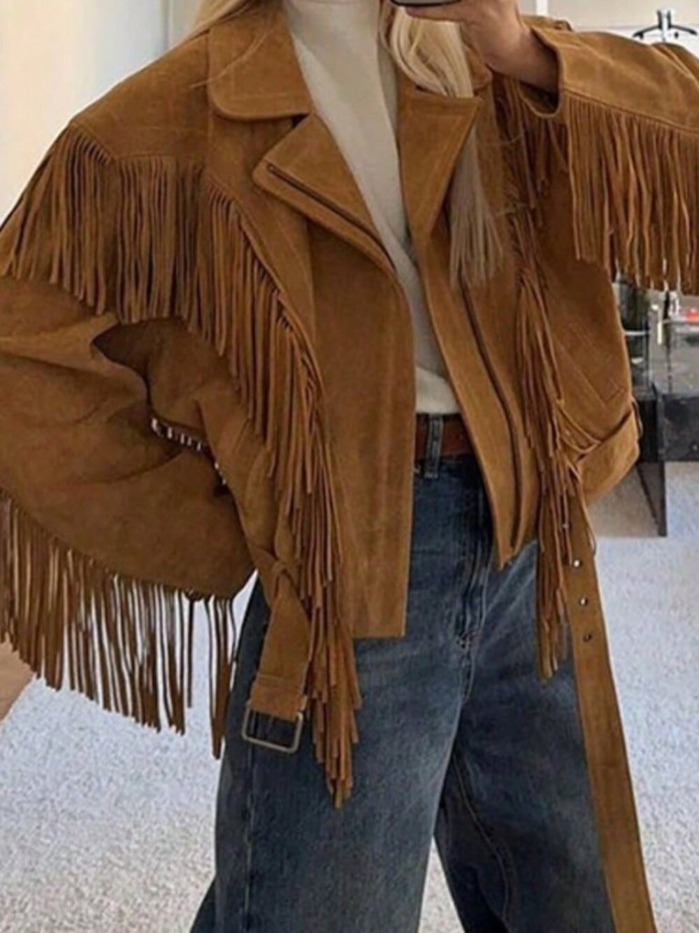 Khaki Casual Women's Faux Suede Fringe Lapel Moto Jacket